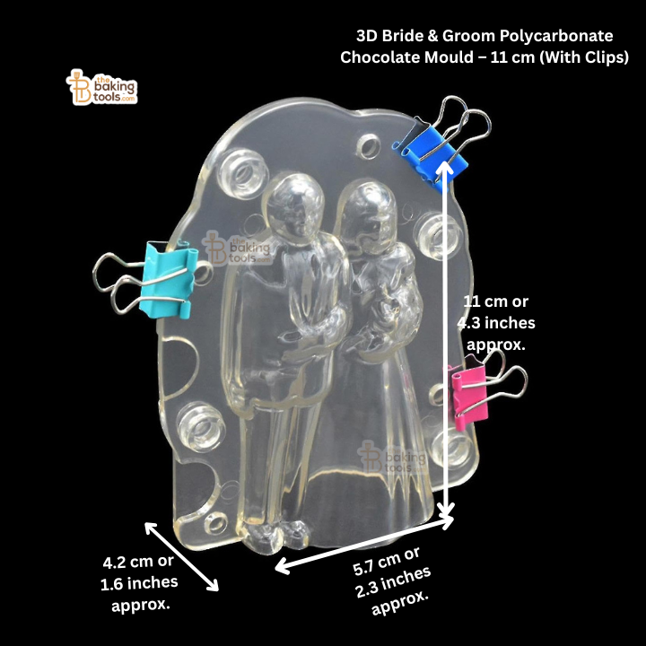 3D Bride & Groom polycarbonate chocolate mould with dimensions on a black background